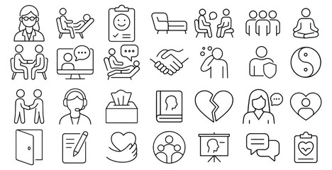 Outline icons about psychology therapy and counseling mental health support group session wellness mind healthcare treatment patient with depression anxiety stress or emotional