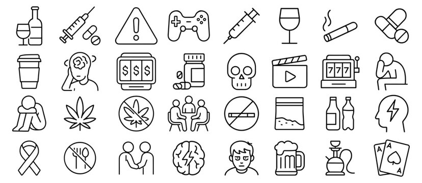 Addiction and social problems line icon set including gaming and harmful substance abuse concept vector illustration symbols for social awareness campaign and rehabilitation