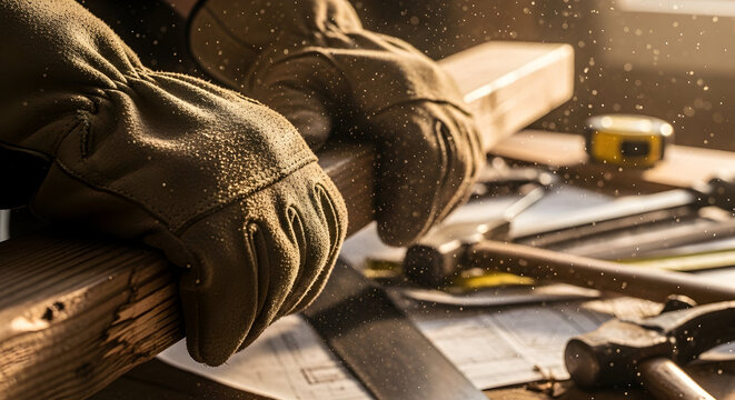 Craftsman's hands in work gloves holding wood plank with tools and blueprints, creating stunning carpentry scene