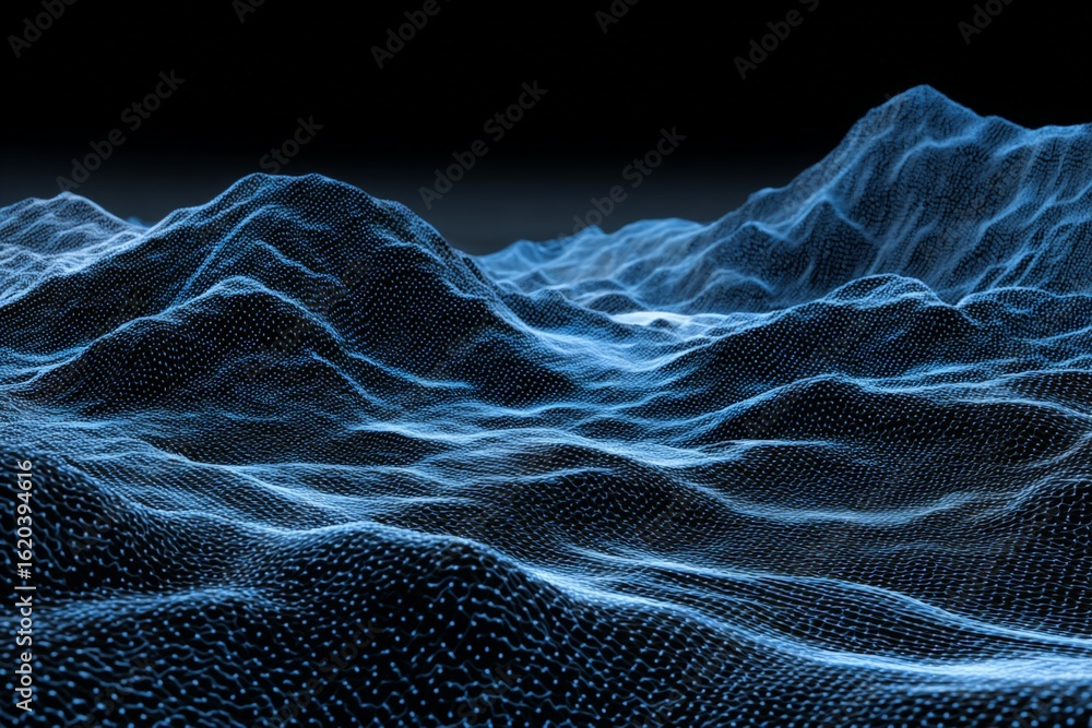 Poster visual representation of abstract blue waves and mountains under dark sky showcasing fluid motion an