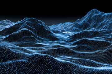 Visual representation of abstract blue waves and mountains under dark sky showcasing fluid motion and depth perception