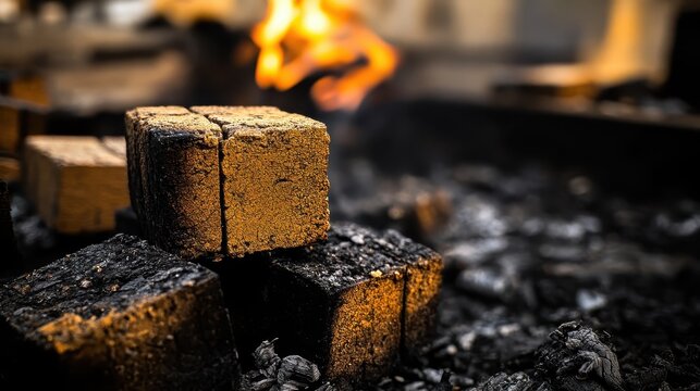 Charcoal Brickettes Smoldering Over Flames in Outdoor Fire Pit