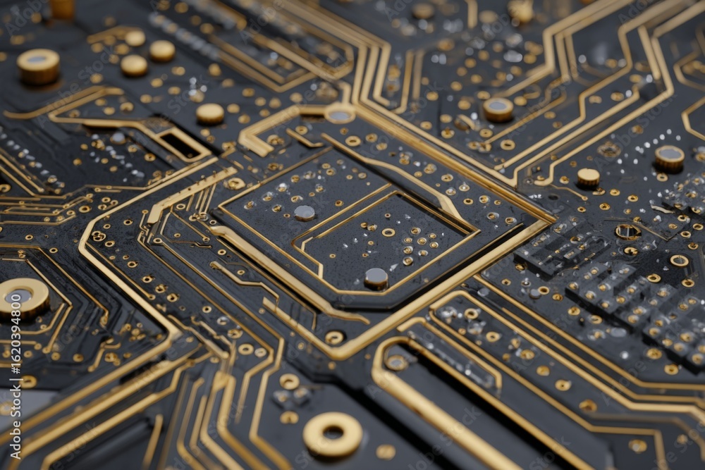 Poster close-up view of a complex circuit board highlighting intricate details of electronic connections an