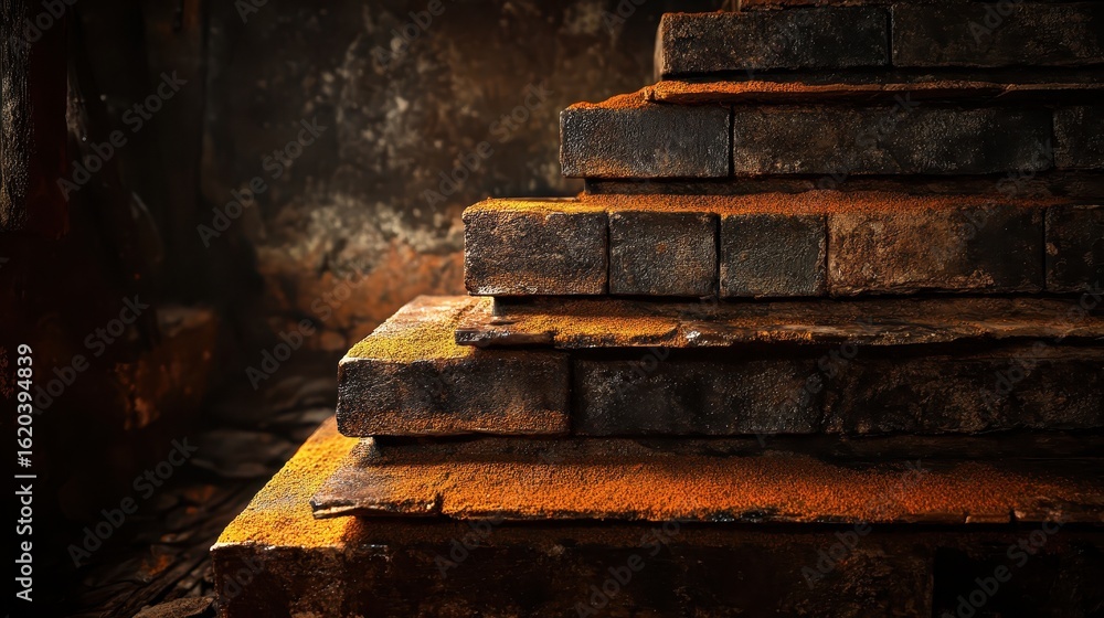 Poster close-up of ancient weathered stone steps with rusty texture