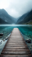 Symmetrical landscape of a wooden dock over clear turquoise water, foggy mountains, and soft light.
