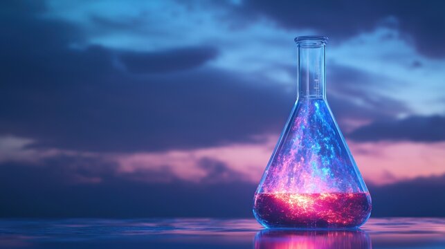 A glowing laboratory flask filled with vibrant liquids, symbolizing chemical experimentation.