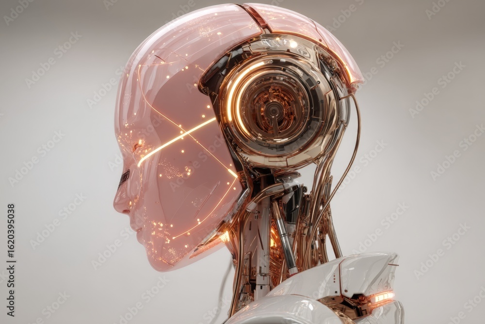 Poster advanced humanoid robot with a transparent exterior showcasing intricate circuitry and glowing eleme