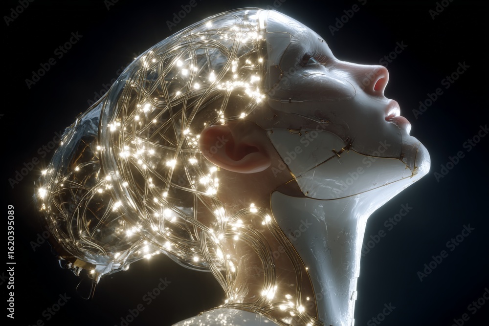 Poster innovative design of a humanoid figure with illuminated features showcasing advanced technology and 