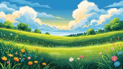 summer landscape with grass and mountains