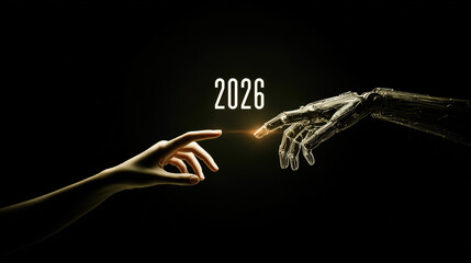 Human and robotic hands reaching out in 2026