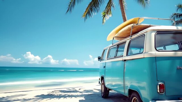 vintage blue van with surfboard on roof rack at beach.
