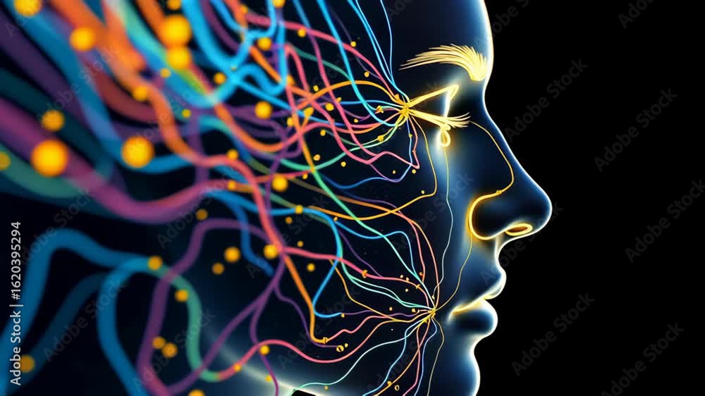 Poster colorful abstract face profile with lines representing thoughts and emotions, blending technology an