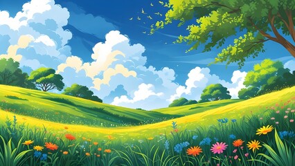 summer landscape with meadow and blue sky