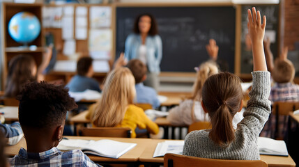 Children raising hands in a classroom eager to learn with teacher in background, educational concept