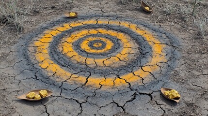 Colorful circular pattern on cracked earth with golden stones placed