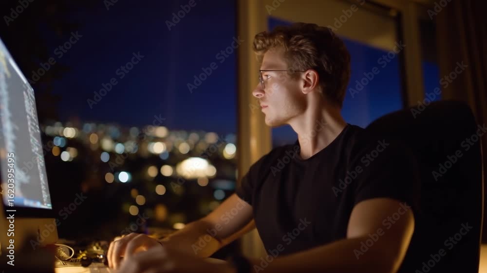 Poster a freelancer edits a video project at midnight, illuminated by led lights and the soft glow of a lar