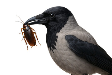 crow eating a big cockroach on a transparent background. food chain in the wild