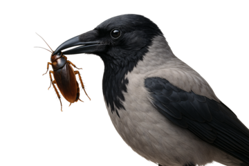crow eating a big cockroach on a transparent background. food chain in the wild