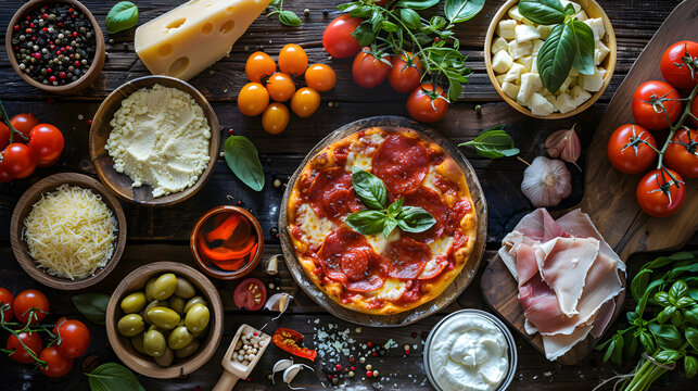 Flatlay of Pizza Ingredients Spread Out on Rustic Table, in high resolution clean minimal style stock photo illustration background image ideal for templates advertisements and web banners showcasinga