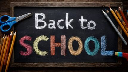 Charming chalkboard with "Back to School" text, colorful chalk, scissors and pencils, perfect for educational campaigns