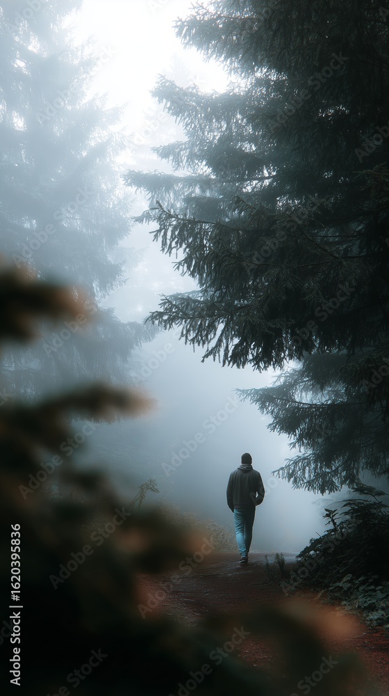 Poster mysterious forest walk at dusk with fog covering the ground and tall trees surrounding the path