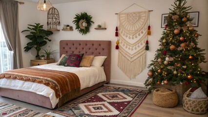Boho Bedroom with Velvet Headboard and Tassel Holiday Tree
