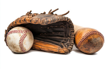 Baseball gloves with ball and bat on white background