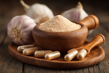 Garlic powder and capsules displayed on wooden table surrounded by fresh garlic heads