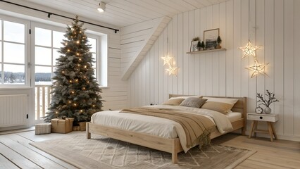 Scandinavian Holiday Bedroom with Wooden Stars and Beige Pillows