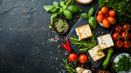 Flatlay of Plant Based Cooking Ingredients: Tofu Veggies and Herbs, in high resolution clean minimal style stock photo illustration background image ideal for templates advertisements and web bannersa