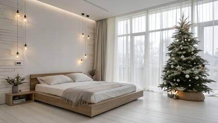 Minimalist White Bedroom with Floating Bed and Wooden Christmas Tree