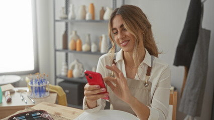 Woman apron tapping smartphone screen at wooden pottery table in ceramics studio surrounded by clay tools and ceramic vases; creativity relaxation.