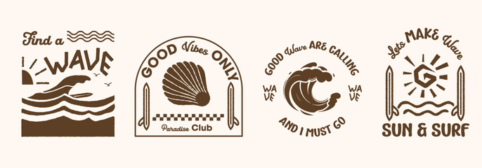 Retro surf  club badge collection with ocean waves, tropical sun. Vintage vector emblems for t-shirt prints, beachwear design, summer logos, and coastal branding projects