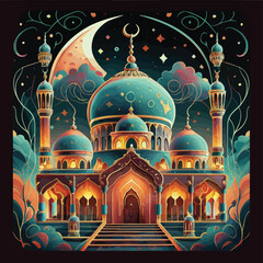 illustrations vector icon collection of Ramadan Islamic symbols items and a mosque.
