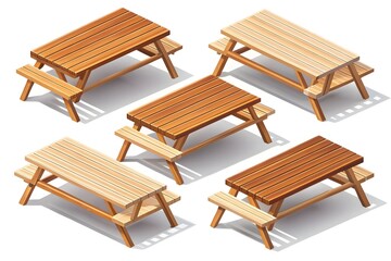 A collection of five isometric wooden picnic tables with benches, arranged on a white background, representing outdoor dining and recreational furniture