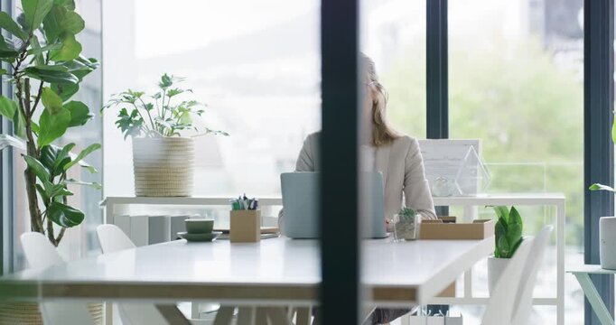Business, woman or coffee with laptop in office for story inspiration, eco friendly blog or review. Environmental writer, mature person or typing on tech for editing article, proofreading or research