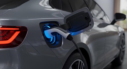 Modern white electric car is connected to a charging station with the car's charging port illuminated with a light blue light