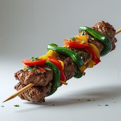 grilled meat with vegetables food pork beef barbecue lunch gourmet cuisine delicious dish grill fresh healthy kebab restaurant picnic white background isolated close-up