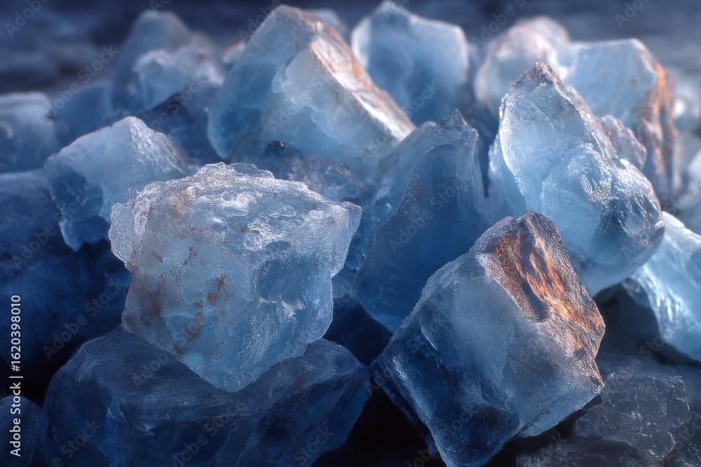 Poster ice cubes arranged on a reflective surface in a dimly lit setting capturing intricate details and te