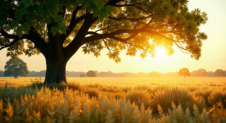 Beautiful sunset over a golden wheat field with a large tree in the foreground. Peaceful rural landscape in warm natural light.