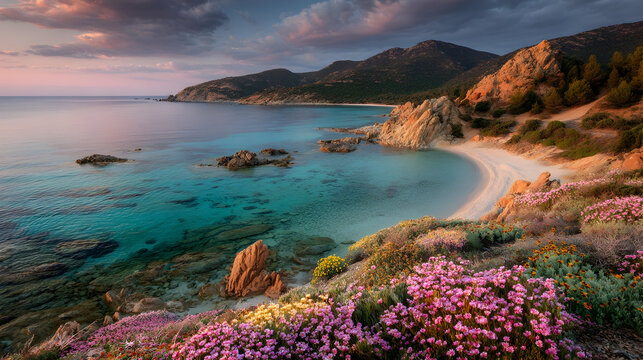 Stunning coastal paradise with vibrant turquoise water, secluded beach, and blooming wildflowers under dramatic sunset sky - Powered by Adobe