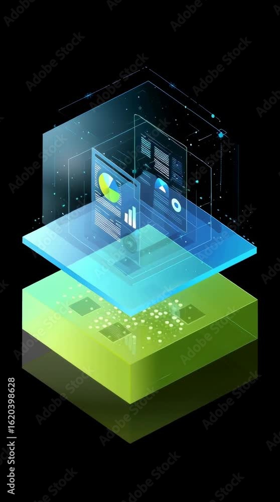 Poster digital illustration showcasing layered data visualization with graphs, charts, and analytics, highl