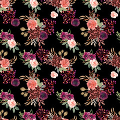 Abstract bouquet flowers, all over textiles design, illustration watercolor seamless pattern
