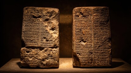 Cuneiform script etched on two clay tablets, relics of mesopotamian civilization, revealing insights into ancient writing and preserving historical records from the past