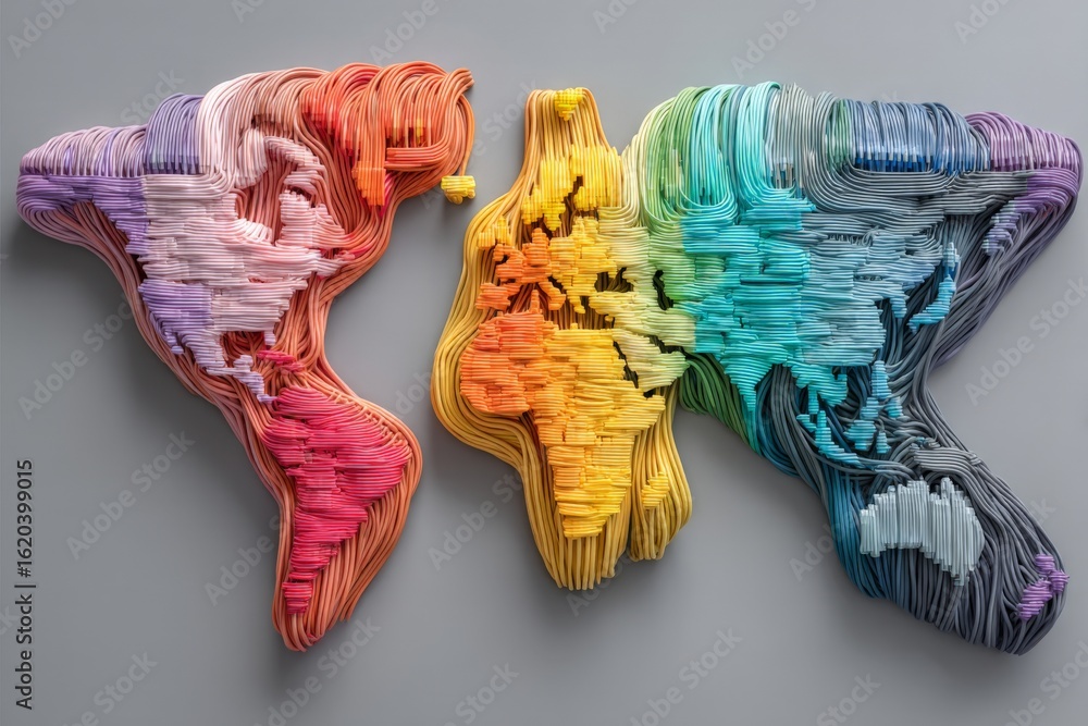 Poster colorful world map made from colorful threads on display in an art gallery showcasing innovative tex