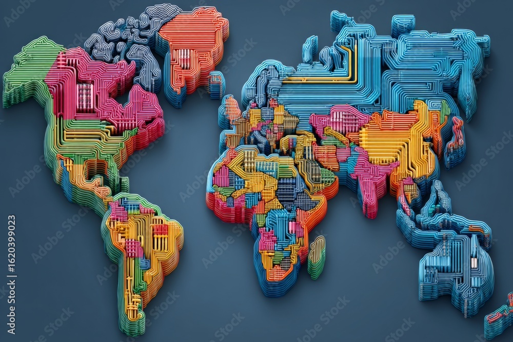 Poster colorful modern abstract map showcasing continents with intricate lines on a dark background