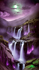 Waterfalls glow with purple light beneath a green full moon in a starry night sky
