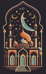 illustrations vector icon collection of Ramadan Islamic symbols items and a mosque.
