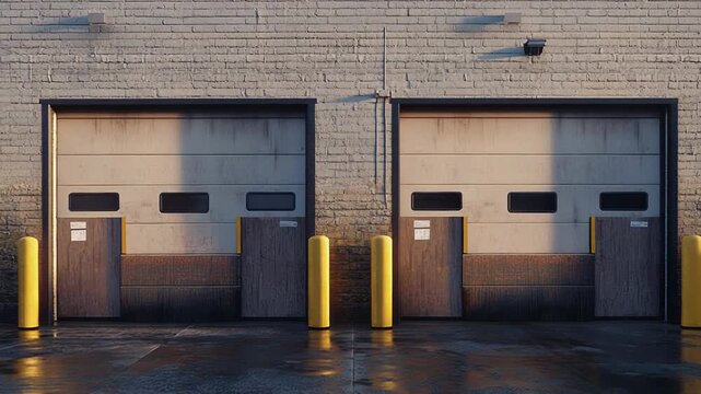 Two loading docks of a warehouse reflecting on wet asphalt at sunset