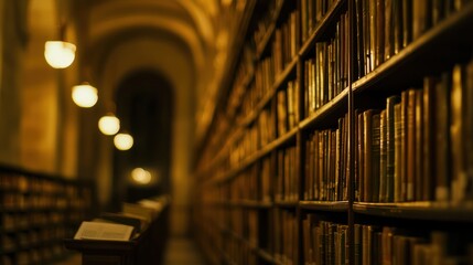 A blurred background of a university library filled with bookshelves and soft lighting.